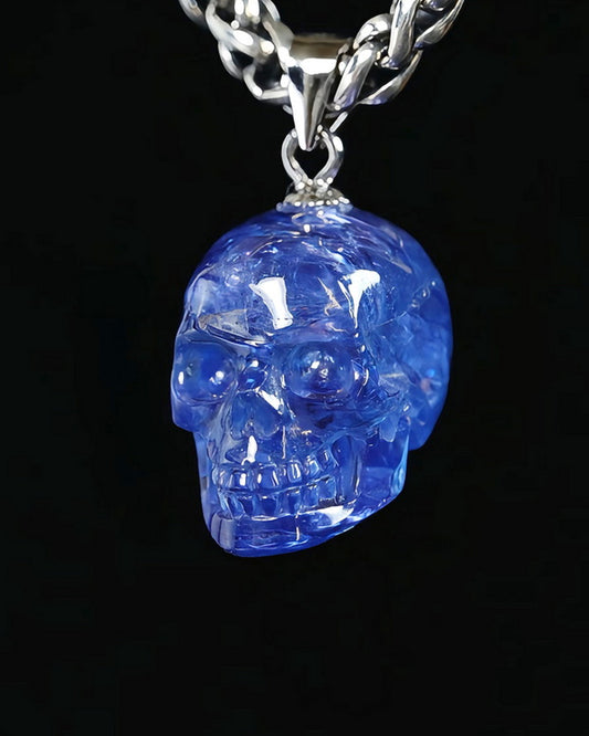 Minimalist Skull Pendant - Skullis Tanzanite Gem Skull Pendant or Necklace with Bail in 925 Sterling Silver, Hand Carved, for Women & Men - 9500379