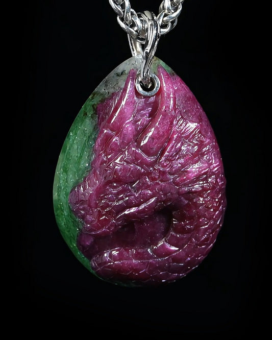 Skullis Ruby Zoisite Gem Dragon Skull Pendant or Necklace, Hand Carved, for Women & Men - ZR19500382
