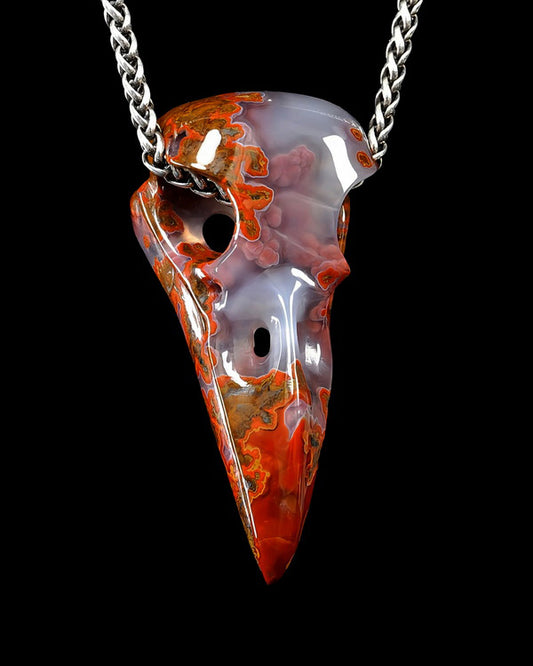 Desert Drifter - Gem Raven Skull Pendant Necklace of Red Desert Agate Crystal Raven Pendant - ZR19500388