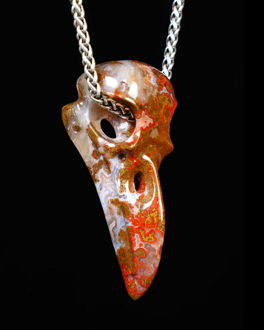 Desert Drifter - Gem Raven Skull Pendant Necklace of Red Desert Agate Raven Pendant - ZR19500392