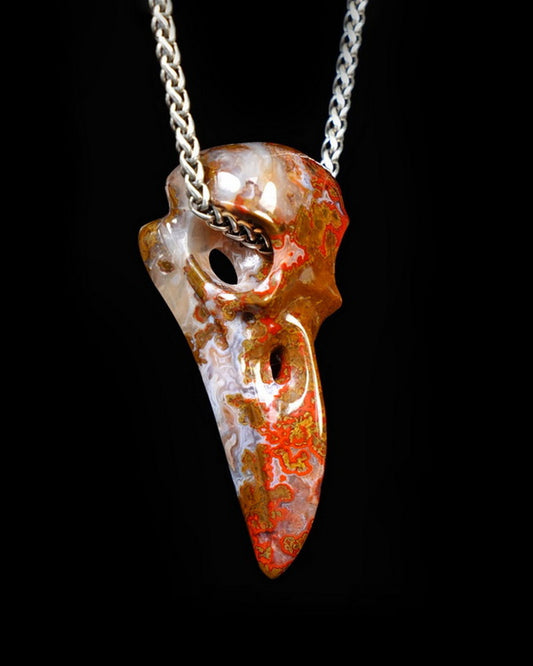 Desert Drifter - Gem Raven Skull Pendant Necklace of Red Desert Agate Raven Pendant - ZR19500392