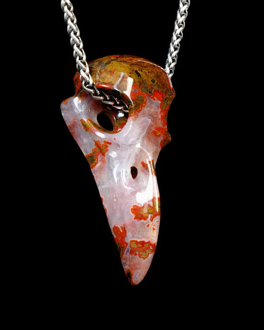 Desert Drifter - Gem Raven Skull Pendant Necklace of Red Desert Agate Raven Pendant - ZR19500394