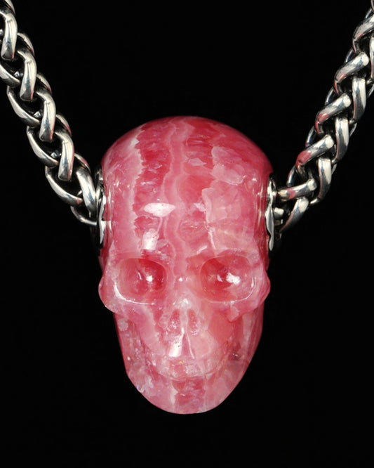 Skullis Signature Rhodochrosite Gem Skull Pendant or Necklace, Hand Carved, for Women & Men - ZR19500399