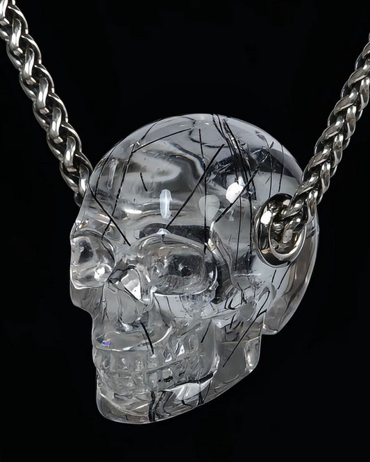 Skullis Signature Rutilated Quartz Rock Crystal Gem Skull Pendant or Necklace, Hand Carved, for Women & Men - ZR19500436