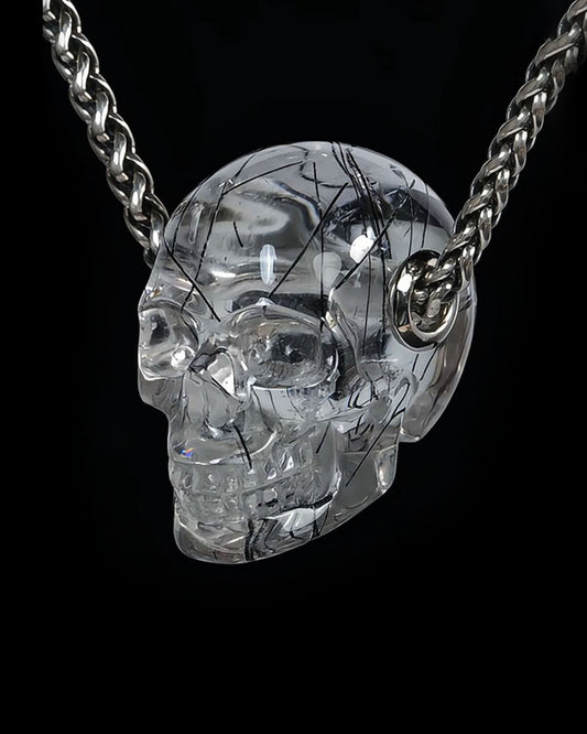 Skullis Signature Rutilated Quartz Rock Crystal Gem Skull Pendant or Necklace, Hand Carved, for Women & Men - ZR19500436