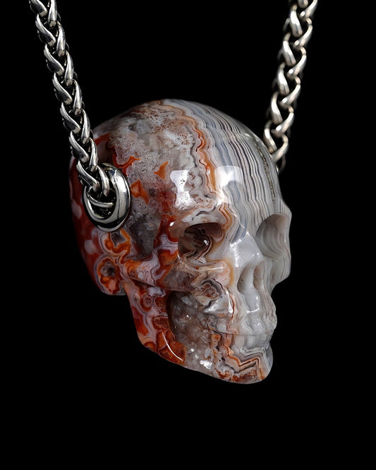 Scarlet Rose - Skullis Signature Red Crazy Lace Agate Gem Skull Pendant or Necklace, Hand Carved, for Women & Men - 9500437