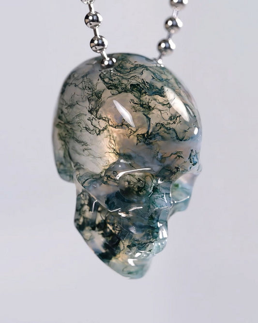 Hollow Essence - Gem Skull Pendant Necklace of Green Moss Agate Carved Hollow Skull - ZR19500438