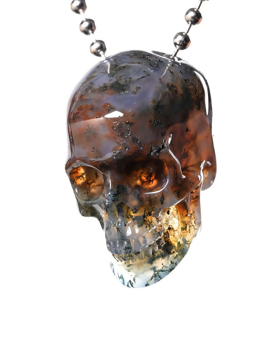 Hollow Essence - Gem Skull Pendant Necklace of Green Moss Agate Carved Hollow Skull - ZR19500439