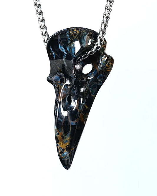 Night Pathfinder - Gem Raven Skull Pendant Necklace of Pietersite Carved Raven Skull - ZR19500441