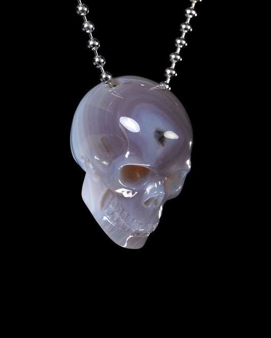 Hollow Essence - Gem Skull Pendant Necklace of Gray & White Agate Carved Hollow Skull - Y9500447
