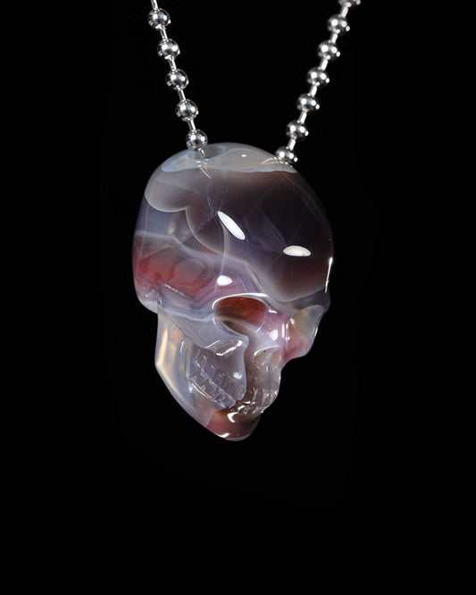 Hollow Essence - Gem Skull Pendant Necklace of Mozambique Agate Carved Hollow Skull - Y9500452
