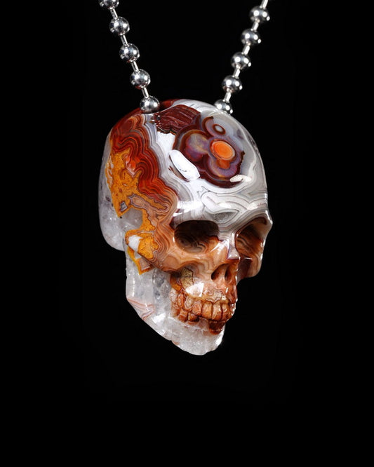 Hollow Essence - Gem Skull Pendant Necklace of Red Crazy Lace Agate Carved Hollow Skull - Y9500455
