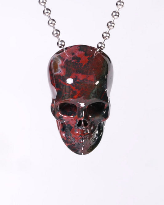Hollow Essence - Gem Skull Pendant Necklace of Bloodstone Carved Hollow Skull - Y9500456