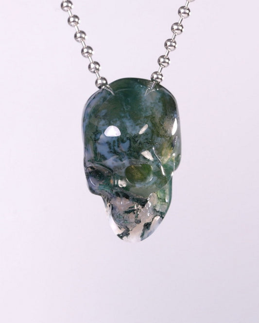Hollow Essence - Gem Skull Pendant Necklace of Green Moss Agate Carved Hollow Skull - Y9500457