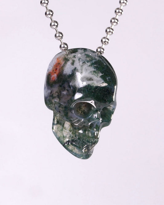Hollow Essence - Gem Skull Pendant Necklace of Green Moss Agate Carved Hollow Skull - Y9500458