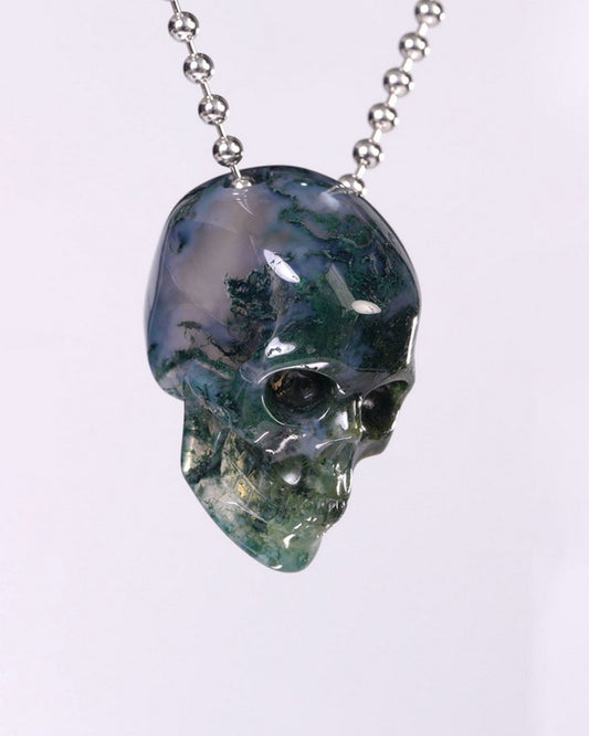 Hollow Essence - Gem Skull Pendant Necklace of Green Moss Agate Carved Hollow Skull - Y9500459