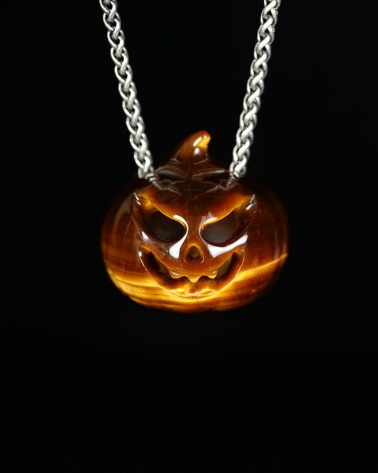 Hollow Essence - Gem Pendant Necklace of Gold Tiger's Eye Hand Carved Hollow Pumpkin - 9500465