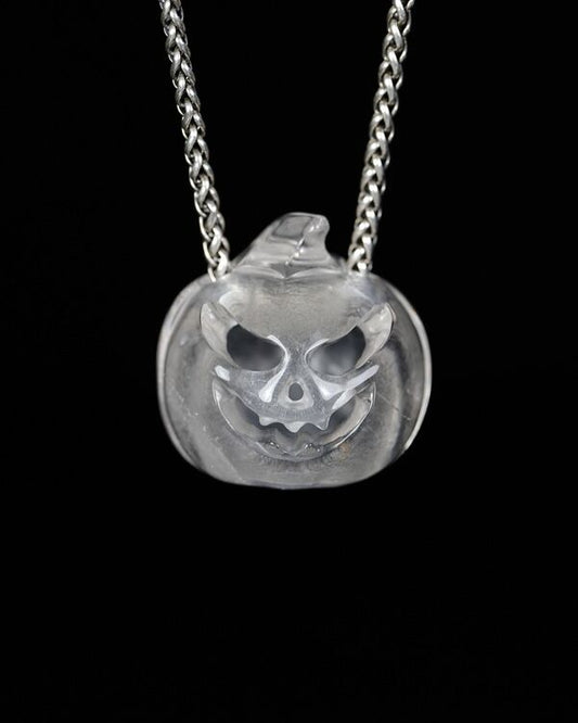 Hollow Essence - Gem Pendant Necklace of Quartz Rock Crystal Hand Carved Hollow Pumpkin - 9500468