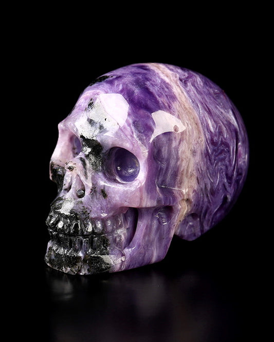 0.9" Russian Charoite Carved Gem Skull, Skullis Realistic - 9800025