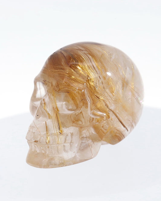 1.2" Rutilated Quartz Rock Carved Gem Skull, Skullis Realistic - 9800048