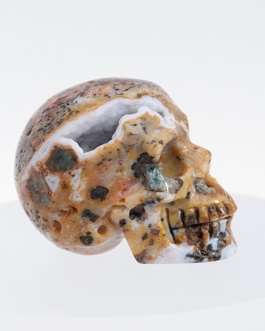 Geode 1.2" Flower Agate Carved Gem Skull, Skullis Realistic - 9800057