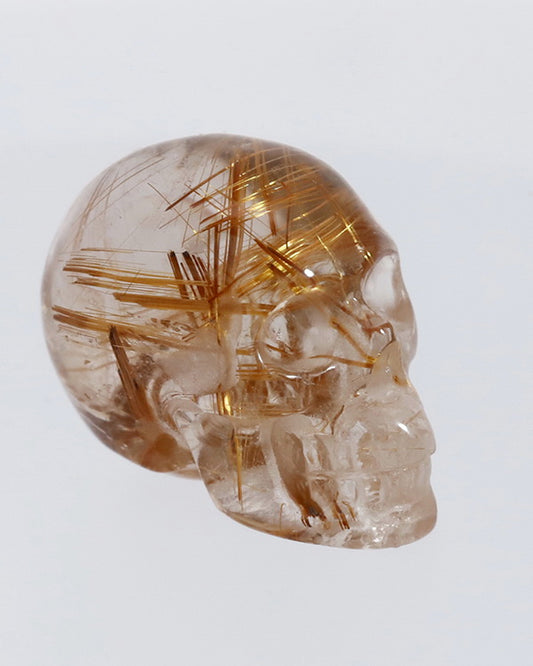 0.5" Rutilated Quartz Rock Carved Gem Skull, Skullis Realistic - 9800058