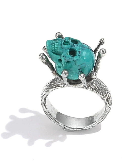 Gem Skull Ring of Turquoise Carved Skull, 925 Sterling Silver, US Size 8.5 - 9800067