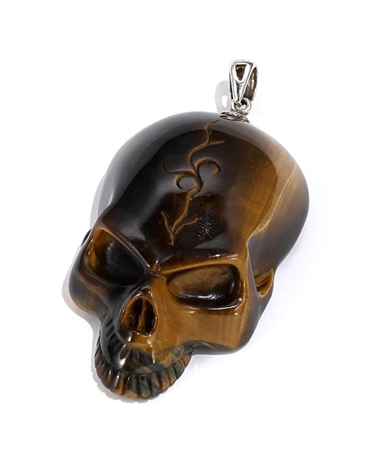 Gem Skull Pendant Necklace of Gold Tiger Eye Crystal Carved Skull, Sterling Silver - 9800070