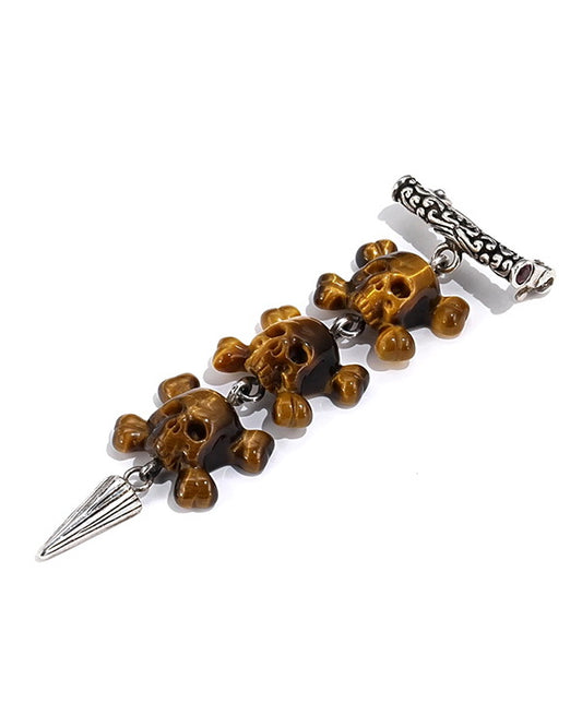 Gem Skull Brooch of Gold Tiger's Eye Carved Skulls, 925 Sterling Silver - 9800075