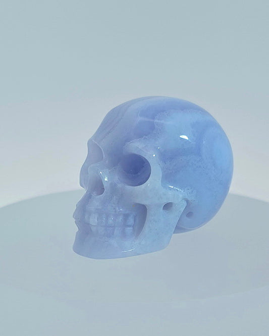 1.1" Blue Lace Agate Carved Gem Skull, Skullis Realistic - 9800080