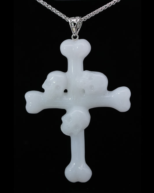 Triad Crystal Skull Pendant - White Jade Carved Crystal Skull Trio and Bones Cross Pendant, for Women & Men - 9800106