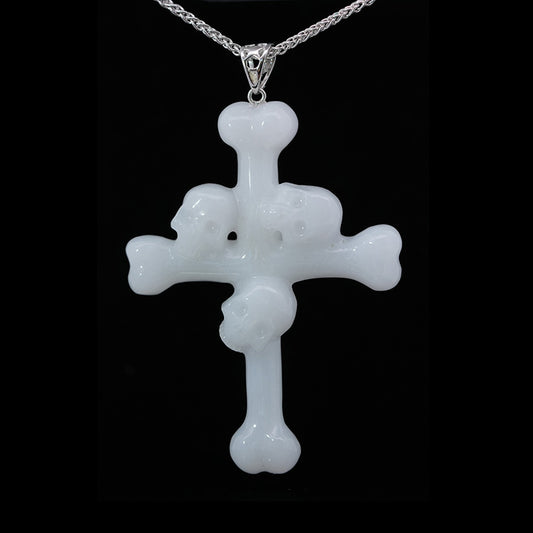 Triad Crystal Skull Pendant - White Jade Carved Crystal Skull Trio and Bones Cross Pendant, for Women & Men - 9800106