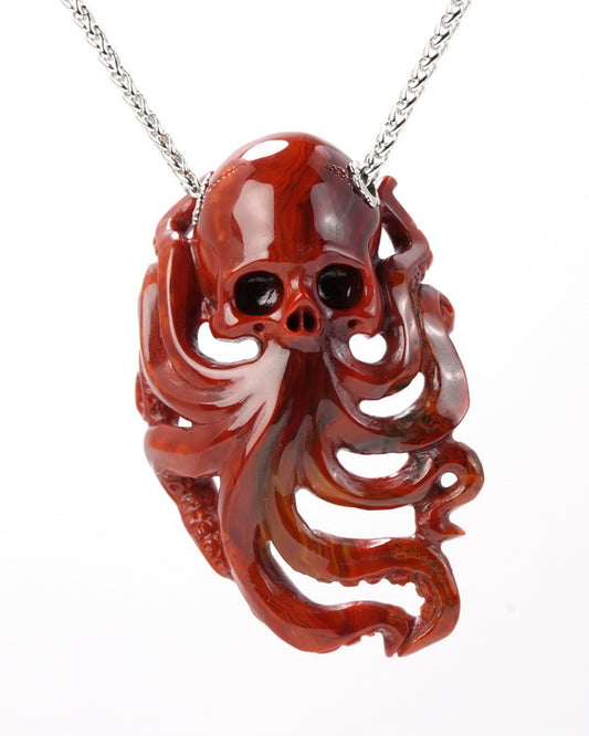 Skullis Signature Empire Red Agate Gem Skull with Octopus Tentacles Pendant or Necklace, Hand Carved, Sterling Silver 925 Chain, for Women & Men - 9800128