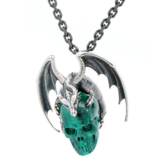 Gem Skull Pendant Necklace of Malachite Carved Skull with Ruby-Eye Dragon in 925 Sterling Silver - 9800132