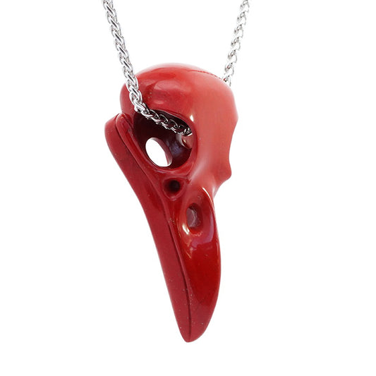 Gem Raven Skull Pendant Necklace of Red Jasper Carved Raven Skull - 9800140