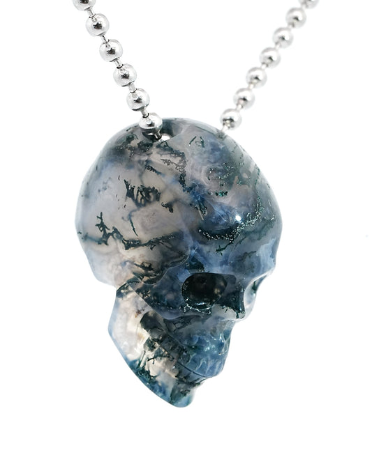 Gem Skull Pendant Necklace of Green Moss Agate Carved Hollow Skull with 925 Sterling Silver Chain - 9800144