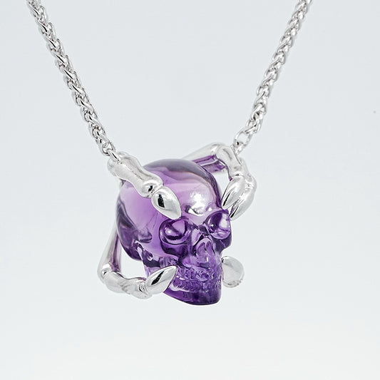 Gem Skull Pendant Necklace of Amethyst Carved Skull with Sterling Sterling Silver Finger Bones - 9800160