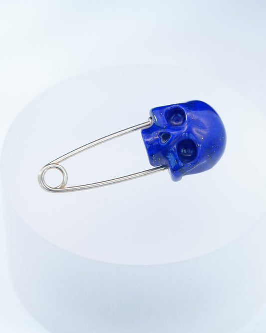 Gem Skull Brooch of Lapis Lazuli Carved Skull Hand in 925 Sterling Silver-9800161