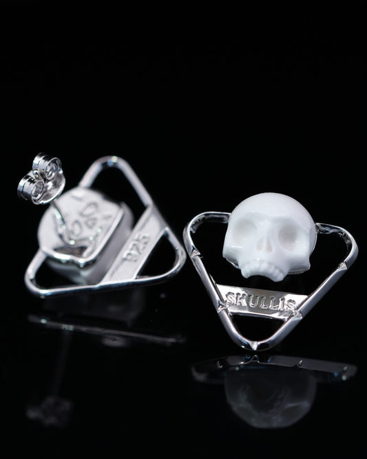 The Threshold Seal - Gem Skull Earrings of White Jasper Carved Skull in 925 Sterling Silver-9800163