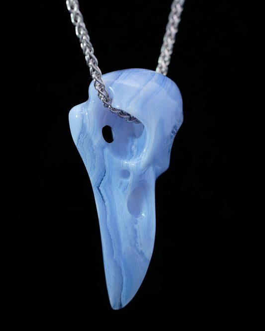 Gem Raven Skull Pendant Necklace of Blue Lace Agate Crystal Raven Pendant - 9800165