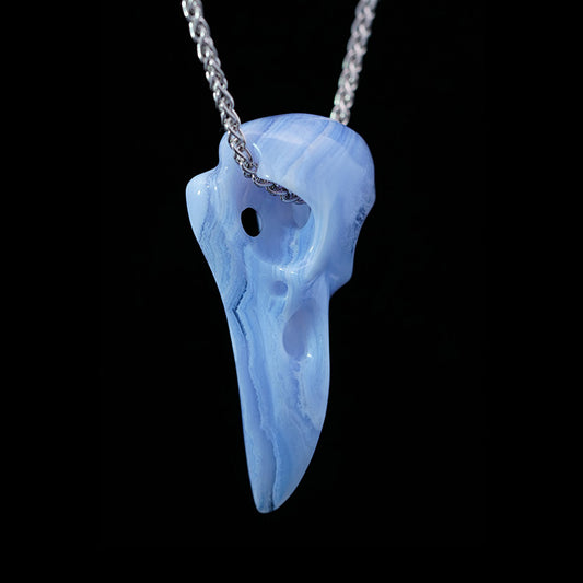 Night Pathfinder - Gem Raven Skull Pendant Necklace of Blue Lace Agate Crystal Raven Pendant - 9800165