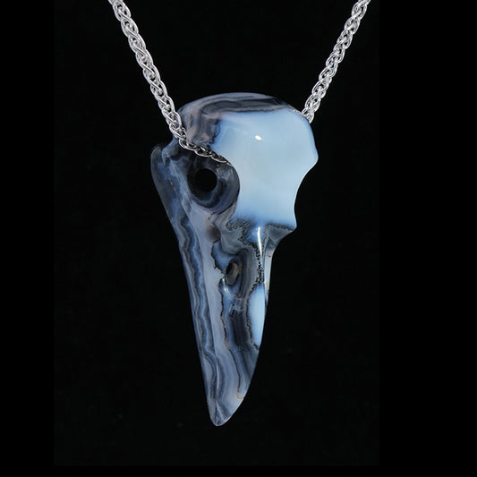Night Pathfinder - Gem Raven Skull Pendant Necklace of Gray & White Agate Crystal Raven Pendant - 9800166
