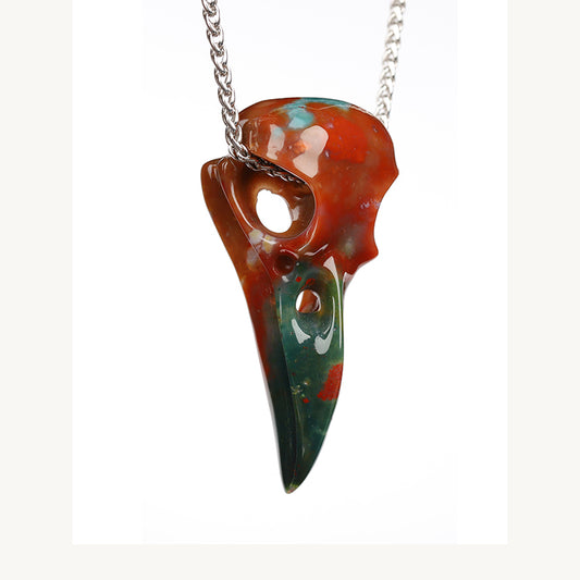 Night Pathfinder - Gem Raven Skull Pendant Necklace of Bloodstone Carved Raven Skull - 9800183