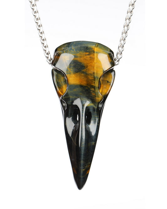 Flash Gem Raven Skull Pendant Necklace of Blue & Gold Tiger's Eye Crystal Raven Pendant - 9800184