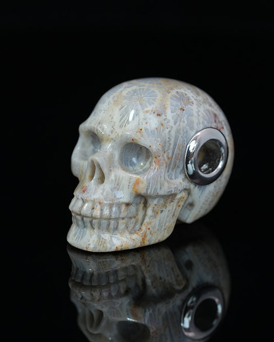 Skullis Signature Coral Fossil Gem Skull Pendant or Necklace, Hand Carved, Sterling Silver 925 Chain, for Women & Men - 9800198