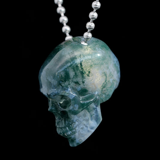 Gem Skull Pendant Necklace of Green Moss Agate Carved Hollow Skull with 925 Sterling Silver Chain - 9800206