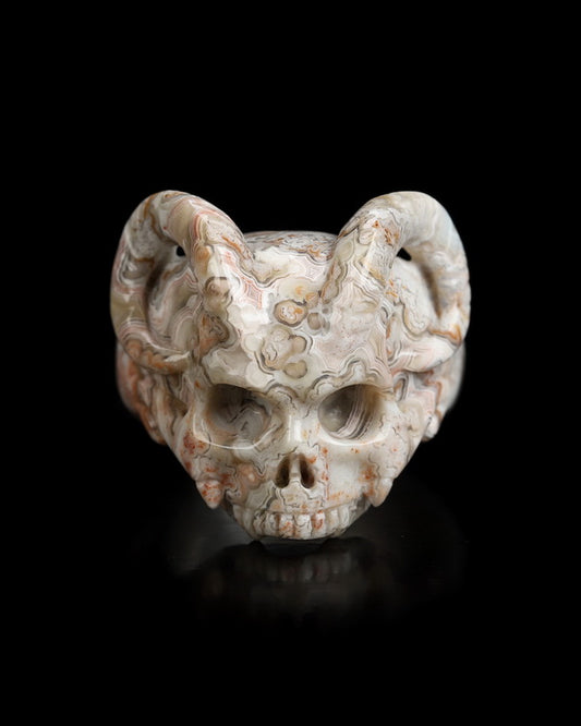 The Infernal Sovereign - Gem Skull Ring of Red Crazy Lace Agate Carved Beast Skull, US size 12.5 - 9800235