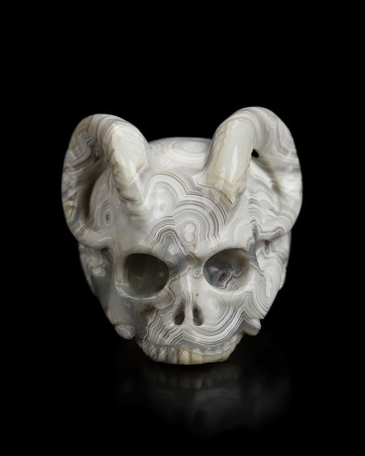 The Infernal Sovereign - Gem Skull Ring of Red Crazy Lace Agate Carved Beast Skull, US size 8 - 9800237