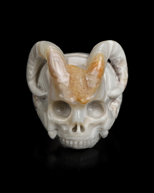 The Infernal Sovereign - Gem Skull Ring of Red Crazy Lace Agate Carved Beast Skull, US size 7 - 9800238