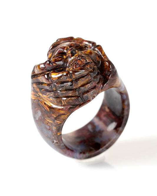 Gem Skull Ring of Pietersite Carved Skeletal Hands Skull, US size 8 - 9800277